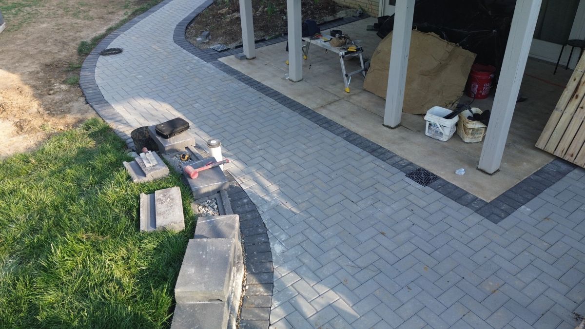 Overhead view of paver patio and retaining walls