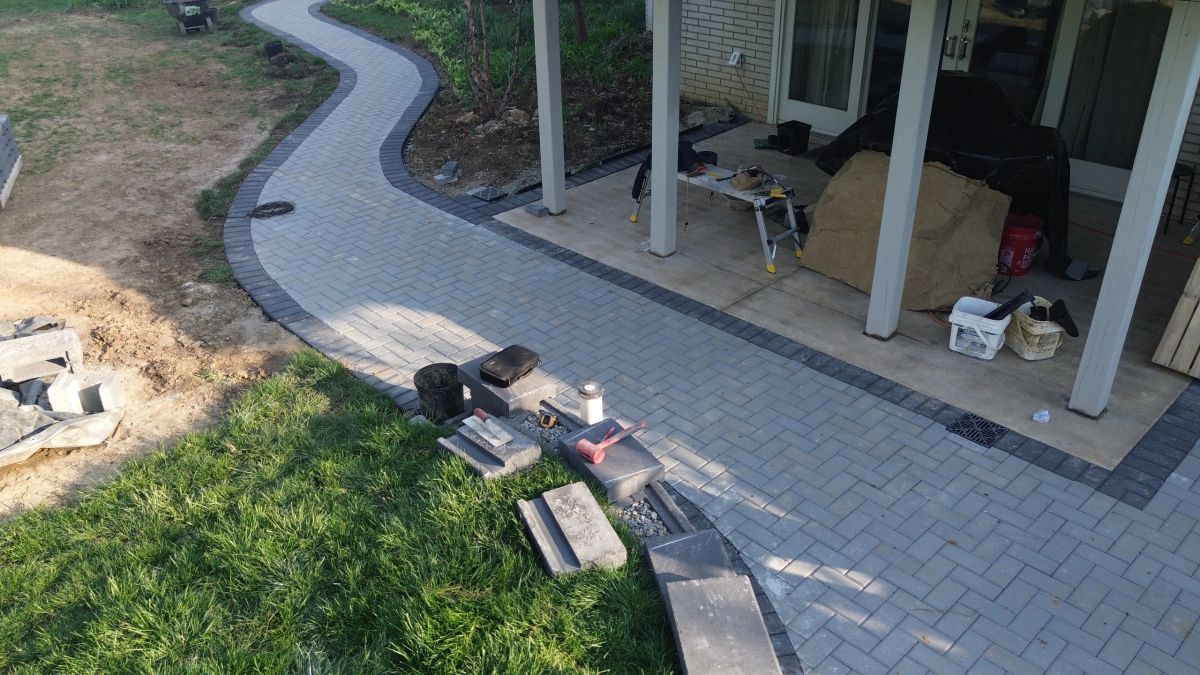 Aerial view of a completed hardscape and landscape project